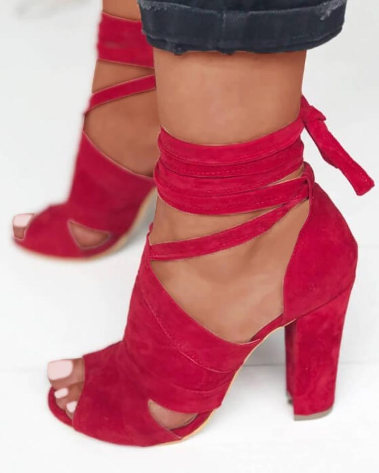 

Lace Up Block Heels Sandals, Red