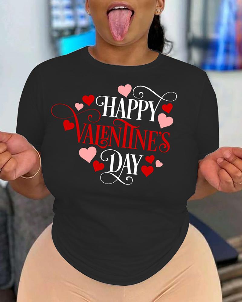

Valentine's Day Short Sleeve Heart Letter Print T-shirt, Black