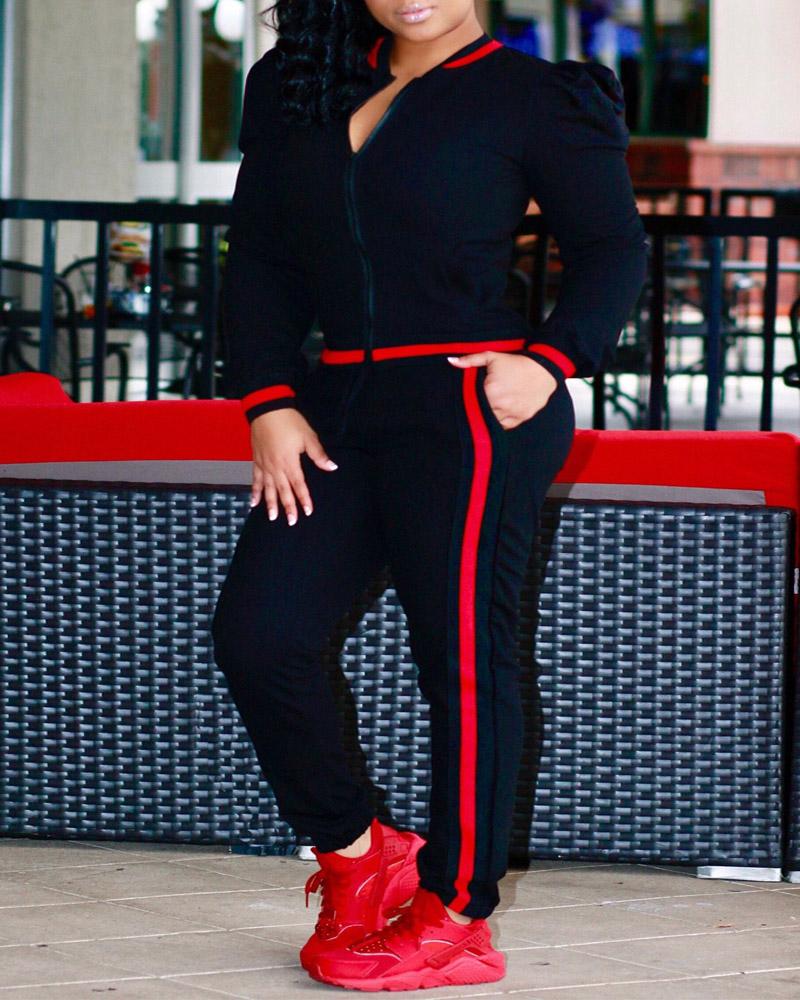 

Plus Size Contrast Paneled Zip Up Top & Pants Set, Black