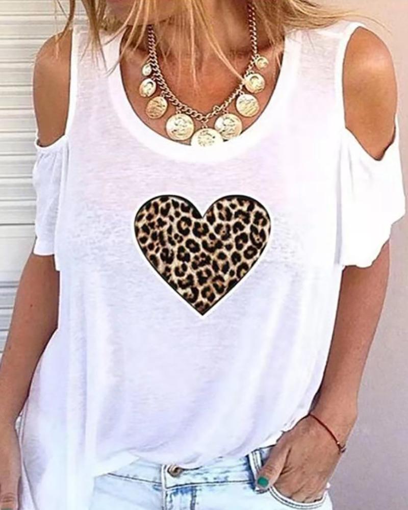 

Cold Shoulder Heart Cheetah Print T-shirt, White