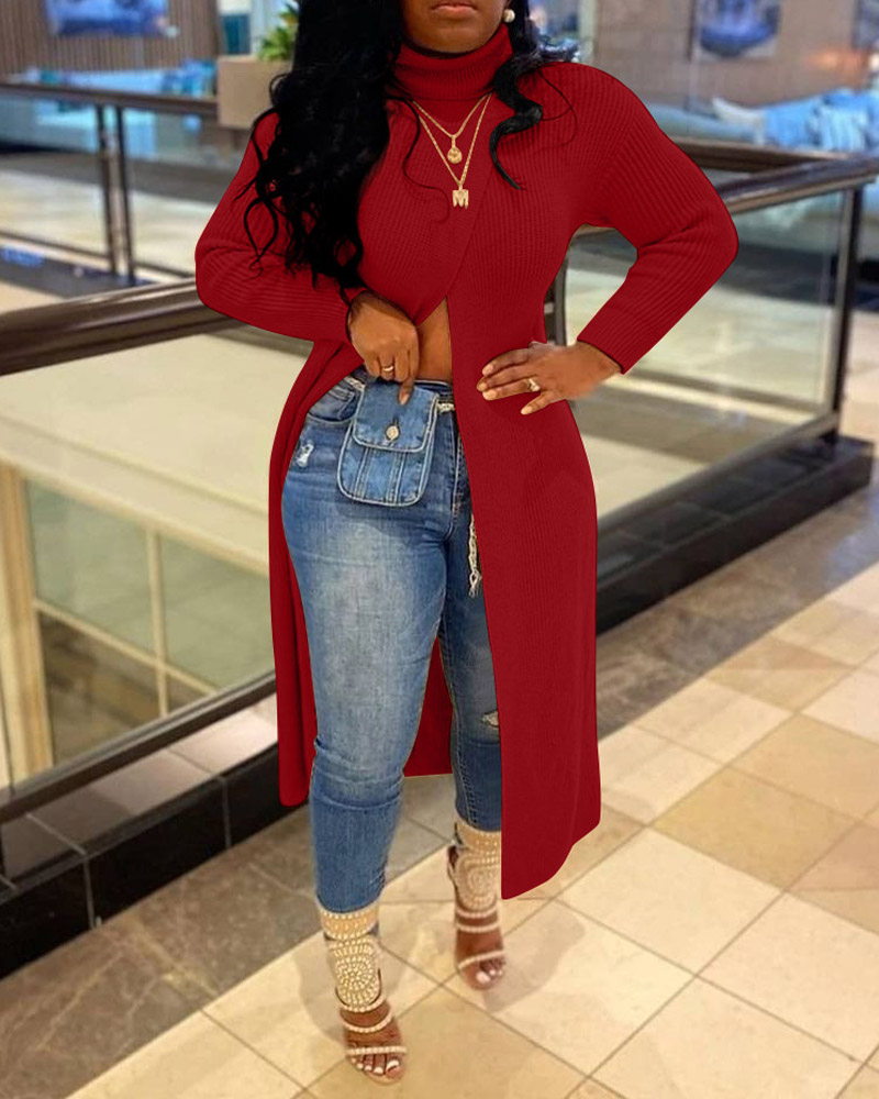 

Turtleneck High Slit Longline Sweater, Red