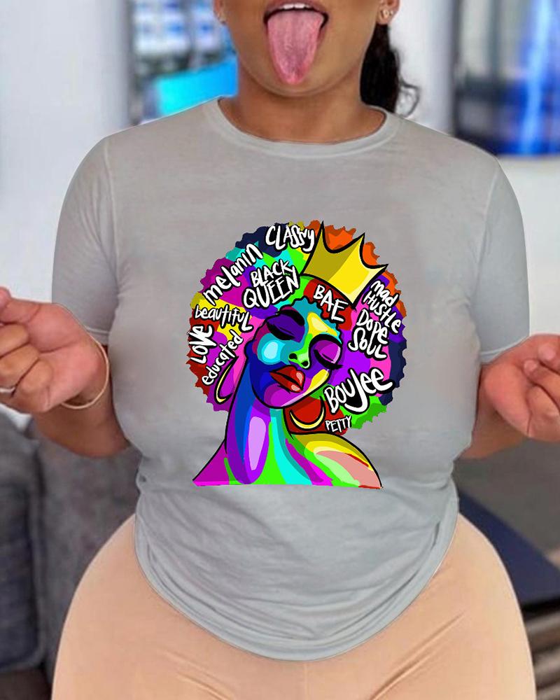 

Cartoon Profile With Crown Print T-shirt, Gray
