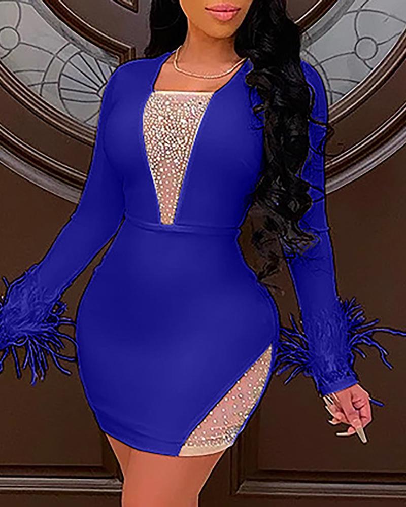 

Feather Detail Studded Long Sleeve Bodycon Dress, Dark blue