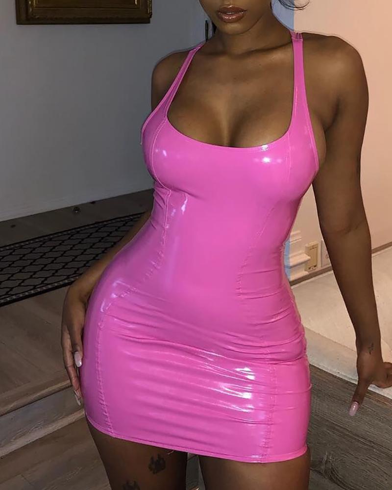 

Solid Sleeveless Bodycon Backless PU Dress, Pink