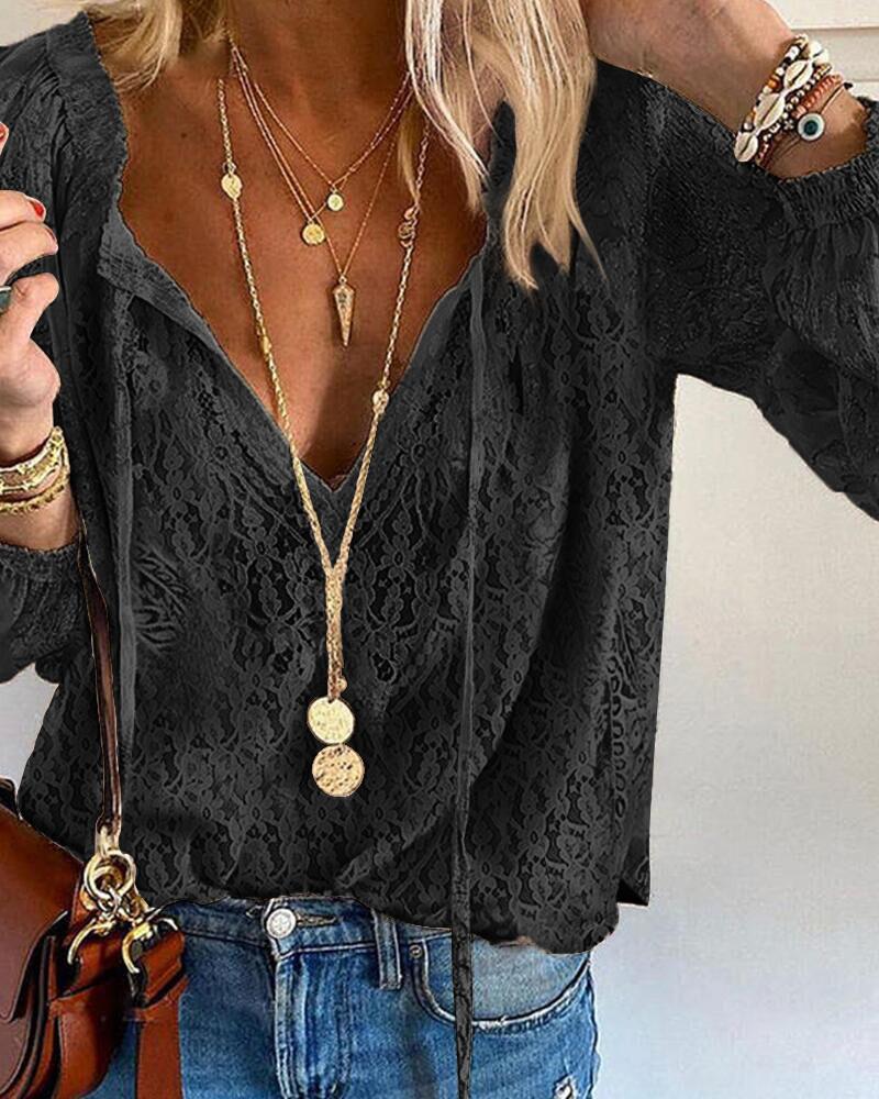 

Florla Lace Long Sleeve V-Neck Top, Black