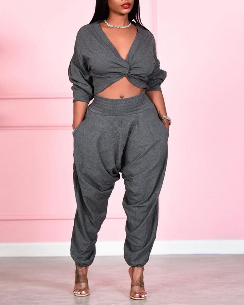 

Solid Long Sleeve Cross Blouse With Pants Suit Sets, Gray