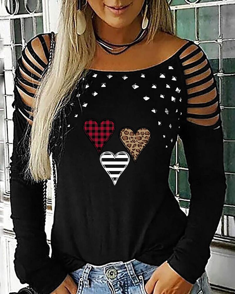 

Long Sleeve Heart Print Cutout Studded Top, Black