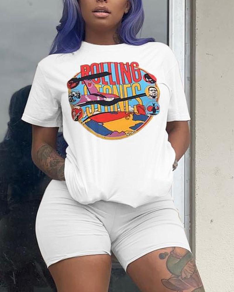 

Cartoon Letter Print Short Sleeve Top & Shorts Set, White