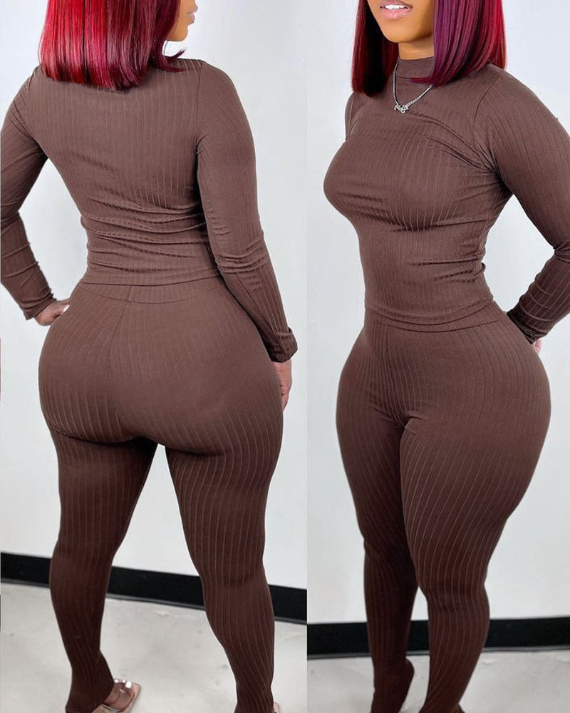 

Ribbed Long Sleeve Top & Skinny Pants Set, Brown