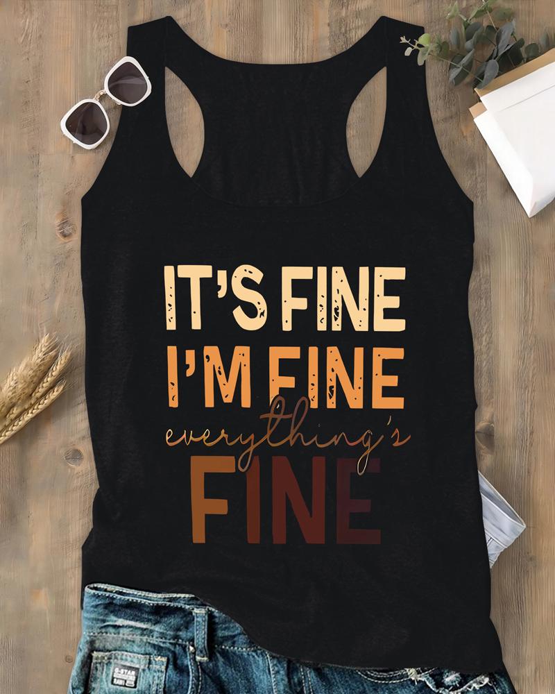

Plus Size It's Fine I'm Fine Print Racer Back Casual Tank Top, Black