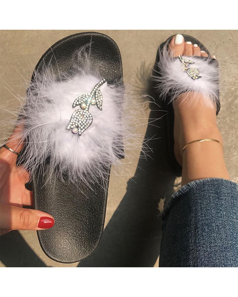 

Fluffy Rose Crystal Patchwork Upper Flat Sandals, White