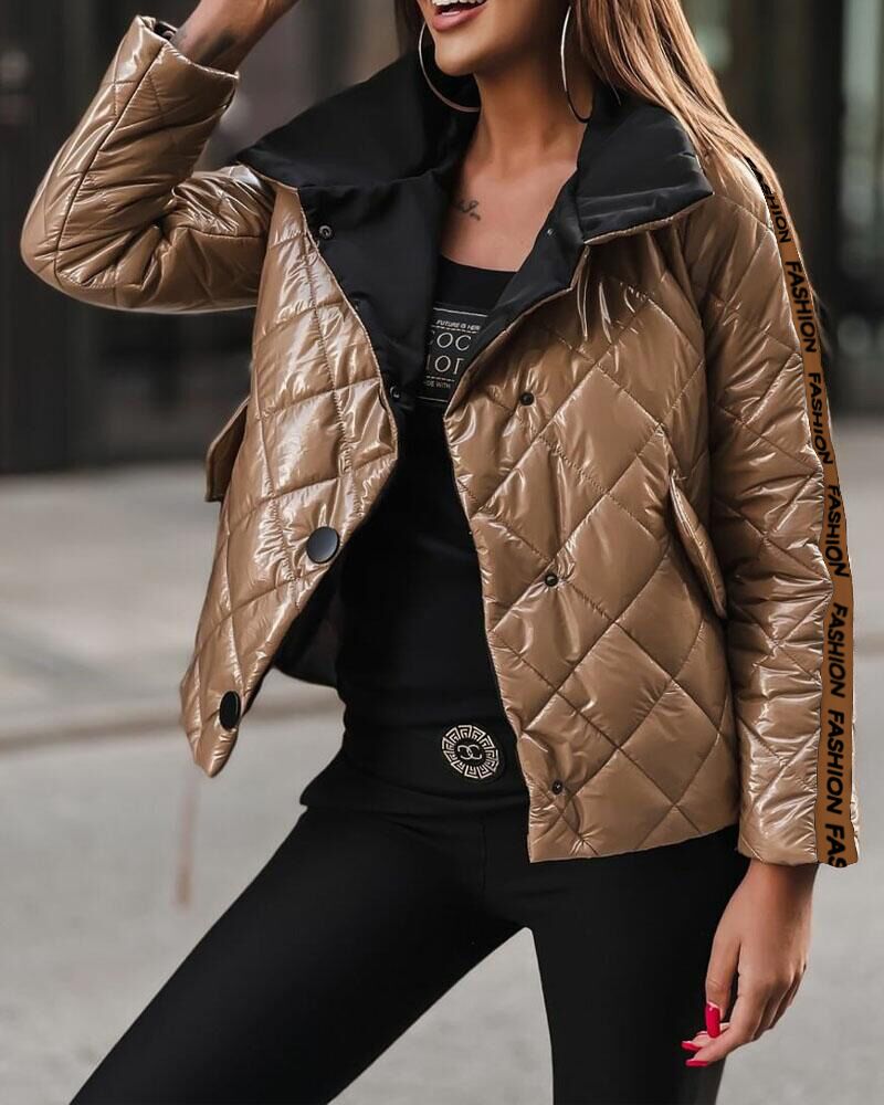 

Letter Tape Patch Button Front Quilted Puffer Coat, Khaki