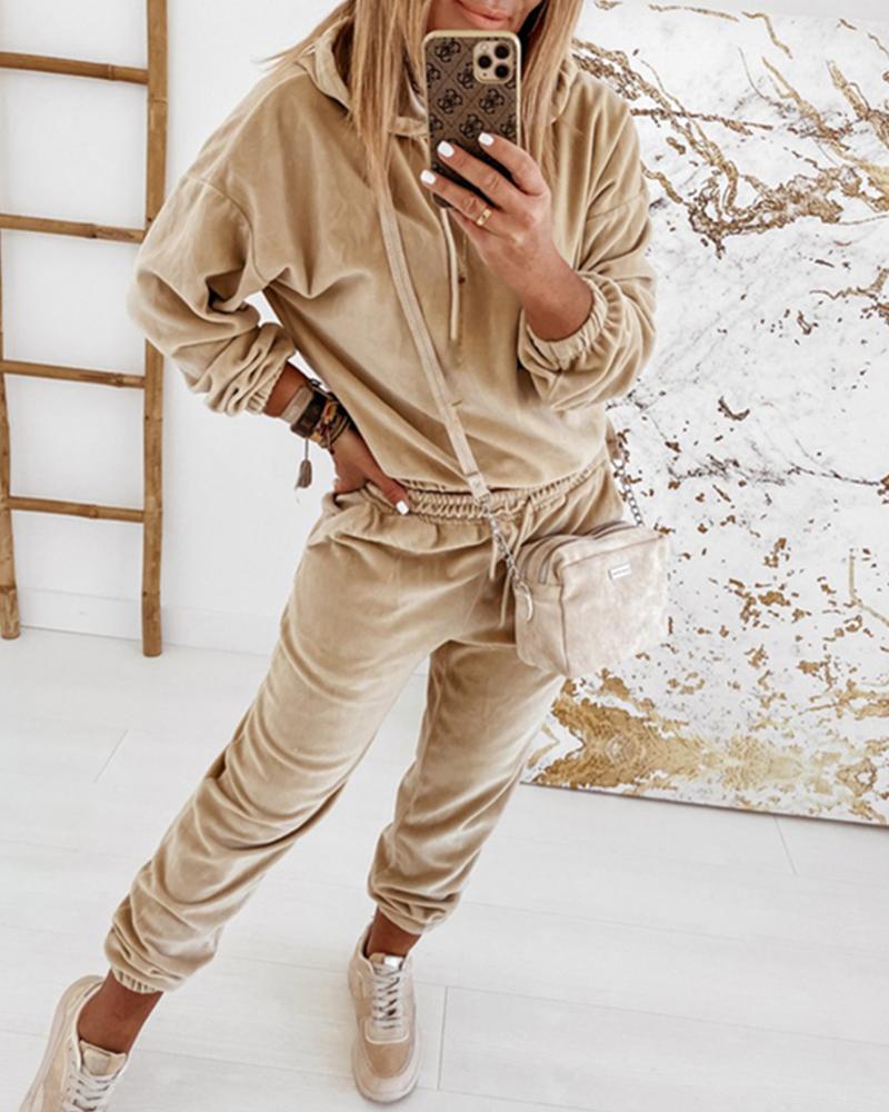 

Solid Velvet Drop Shoulder Drawstring Hoodie & Pants Set, Khaki