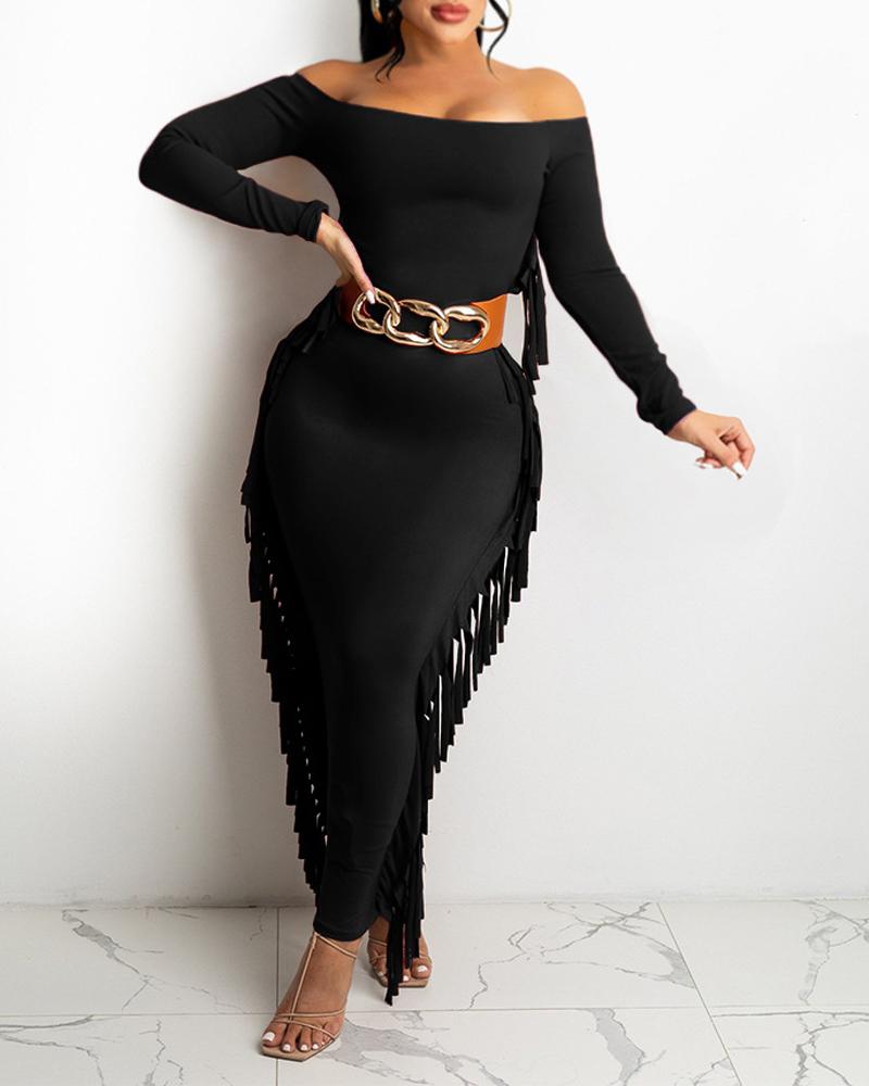 

Off Shoulder Tassel Trim Bodycon Dress, Black