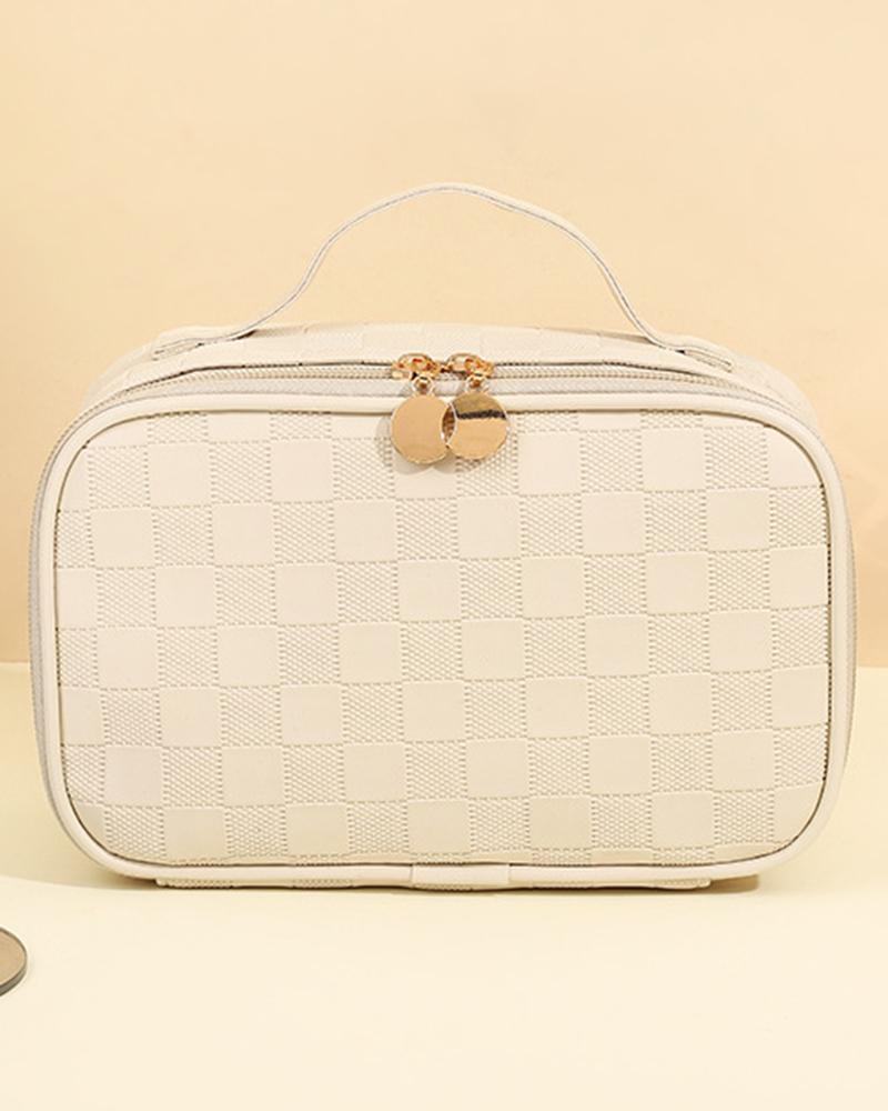 

Plaid Large Capacity Waterproof Travel Cosmetic Portable Case Organizer Makeup Bag Toiletry Bag, Beige