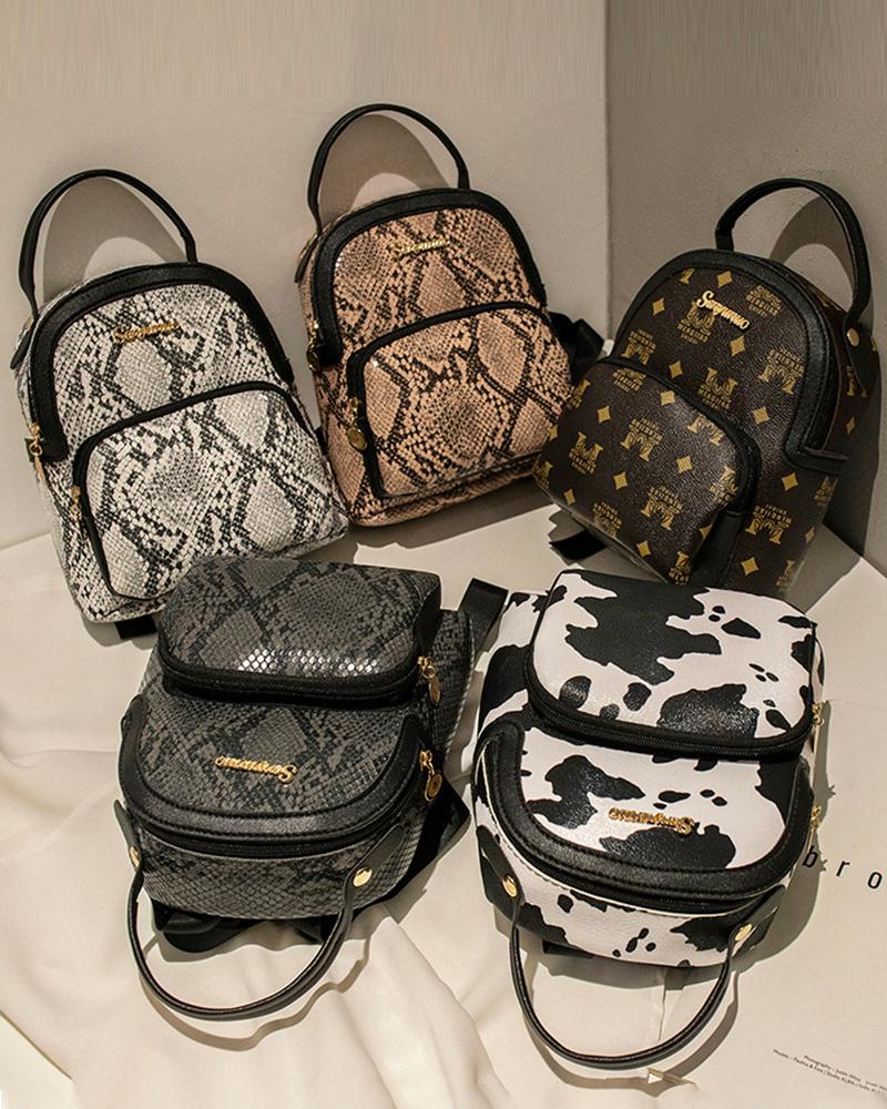 

Snakeskin Cow Print Zipper Design Backpack Trendy School Bag, White