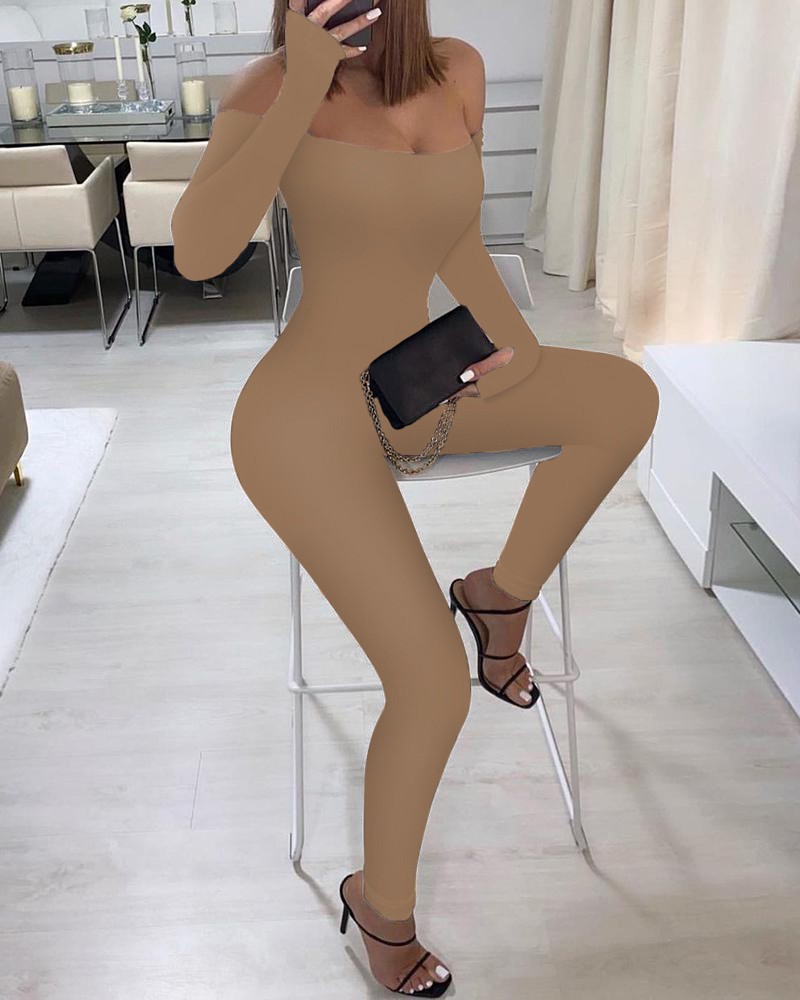 

Off Shoulder Long Sleeve Skinny Jumpsuit, Khaki