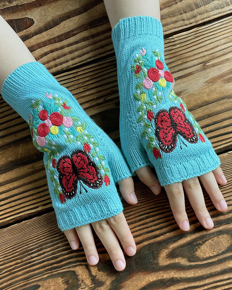 

1Pair Floral Butterfly Embroidery Fingerless Knit Gloves, Lighted blue