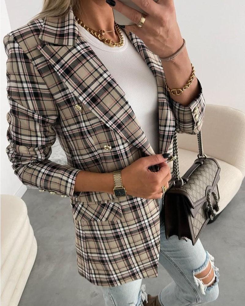 

Plaid Print Double Breasted Flap Detail Blazer, Apricot