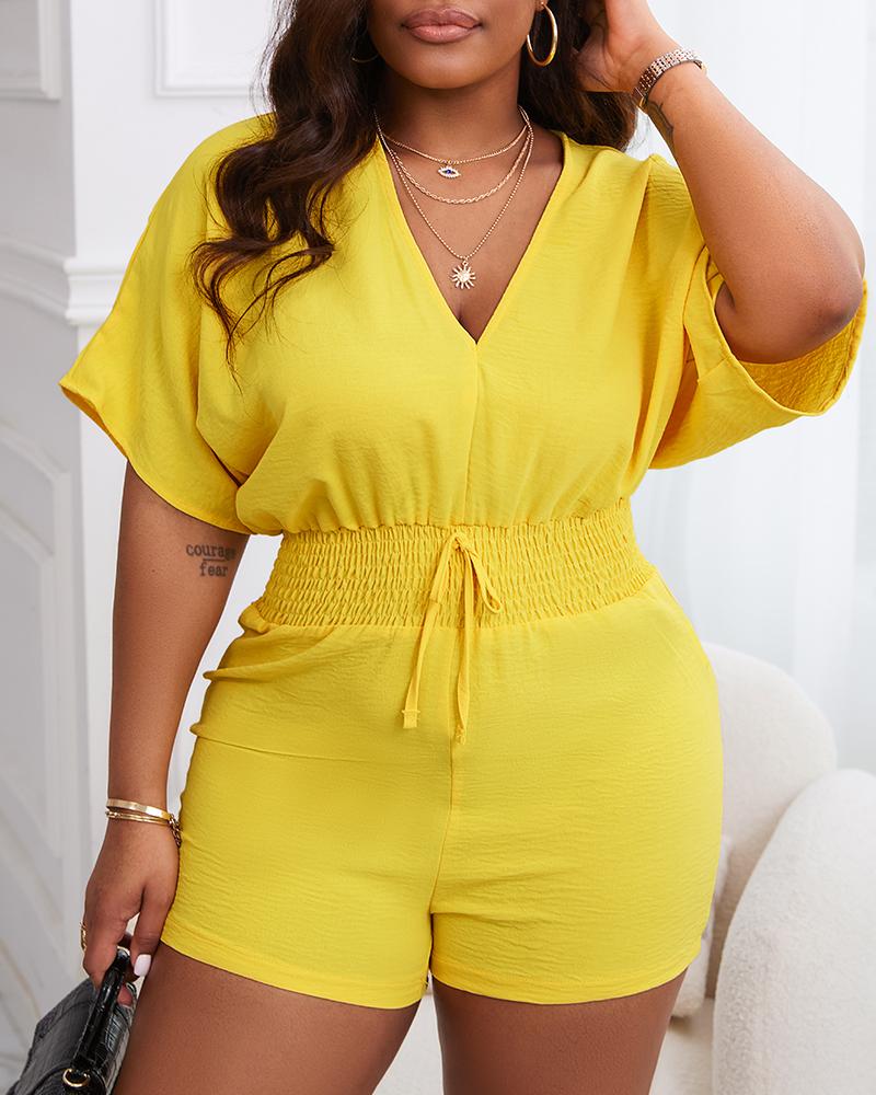 

Batwing Sleeve Shirred Waist Romper, Yellow