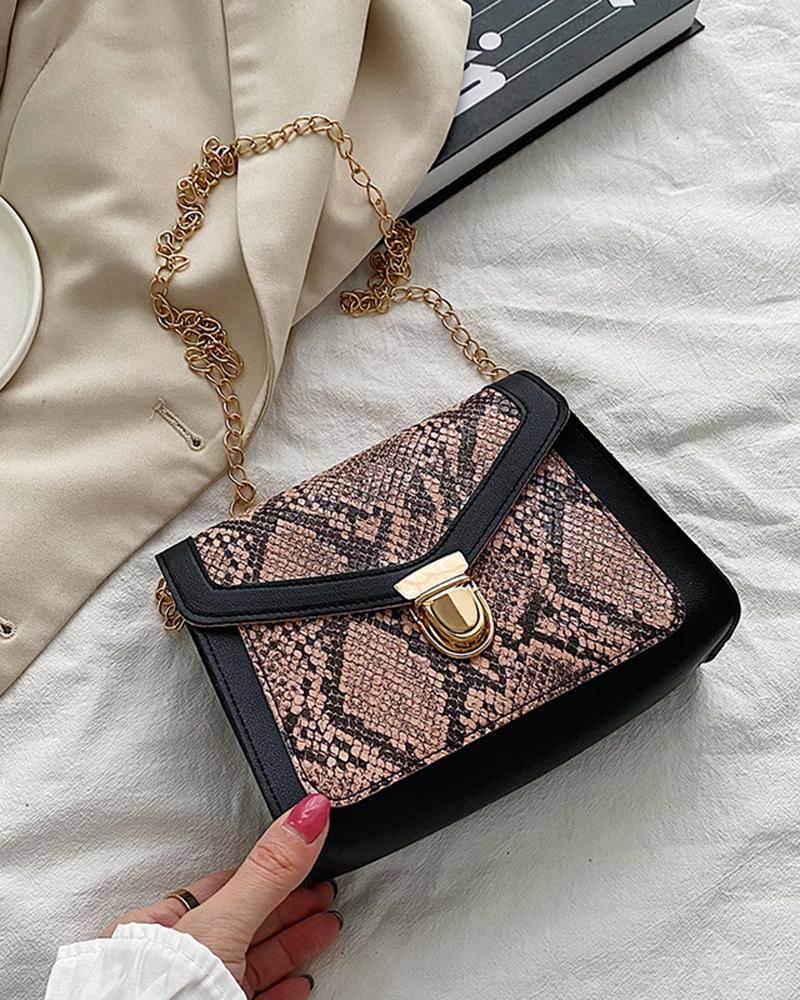 

Snakeskin Chain Strap Square Bag, Pink