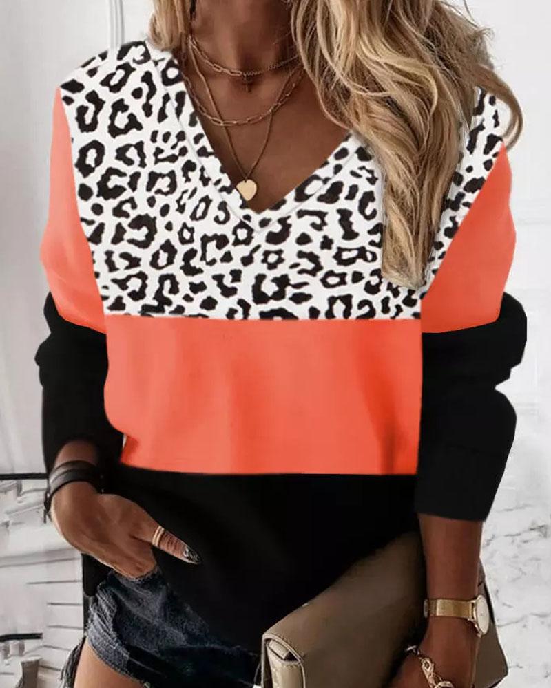 

Contrast Leopard Colorblock Long Sleeve Top, Orange