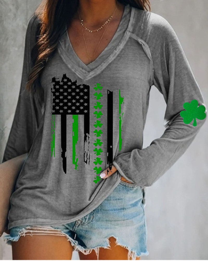 

St. Patrick' Day Clover Flag Print Long Sleeve Top, Gray