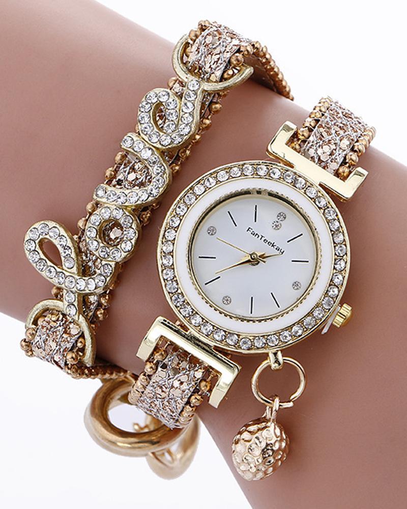 

1pc Rhinestone Decor Lover Letter Pattern Bangle Quartz Watch, Beige