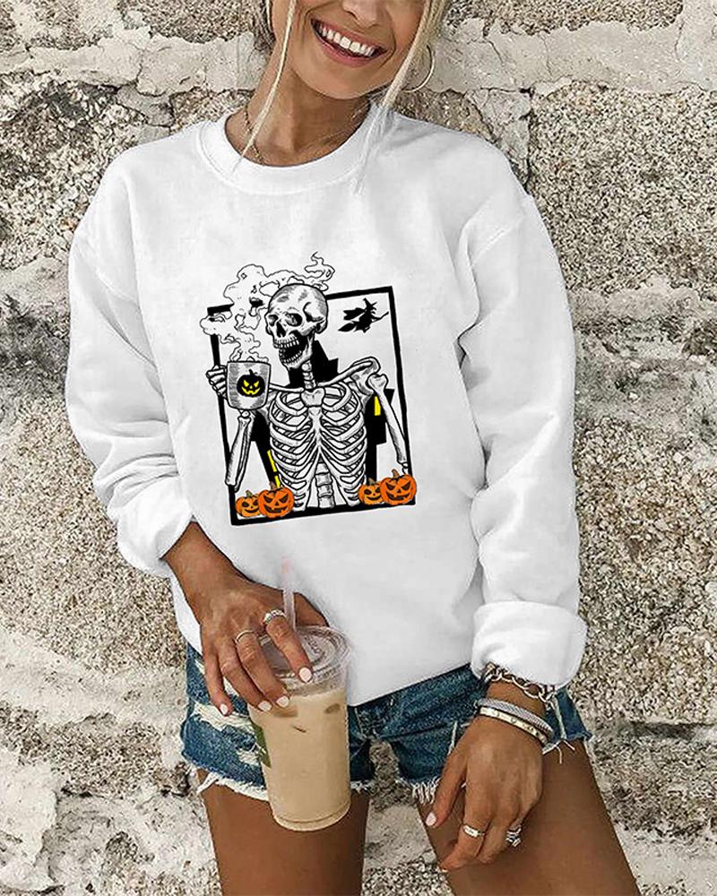 

Halloween Pumpkin Skeleton Print Long Sleeve Top, White