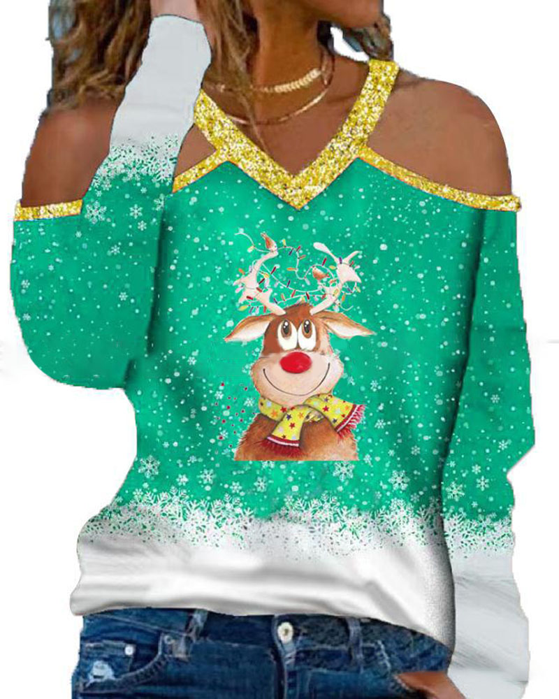 

Christmas Snowflake Cartoon Elk Print Cold Shoulder Top, Green