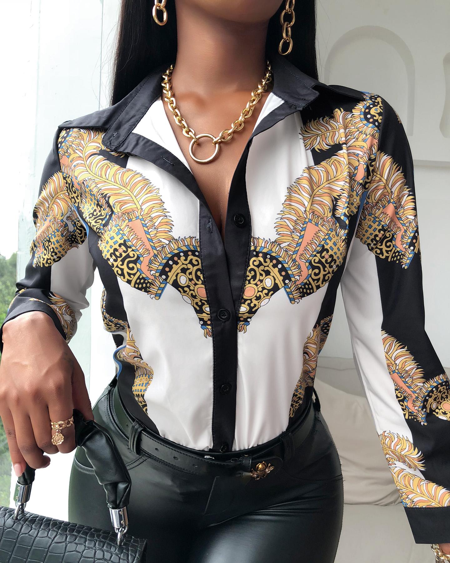 

Scarf Print Button Design Long Sleeve Shirt, Black
