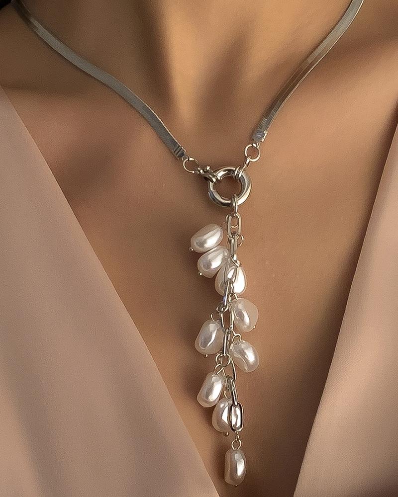 

1pc Herringbone Pearls Decor Tassel Pendant Necklace, Silver