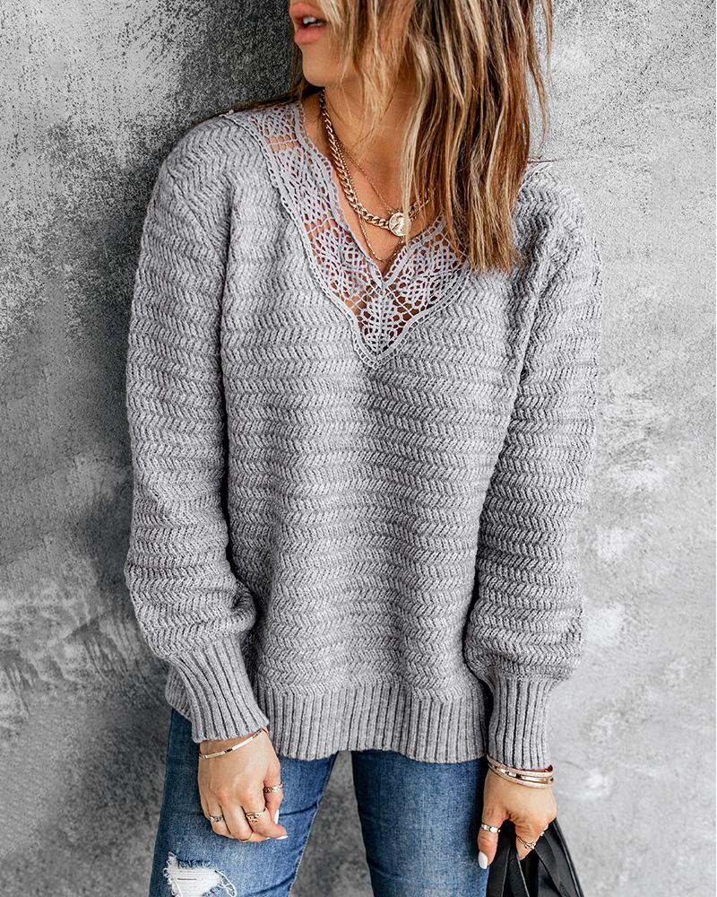 

V-Neck Lace Patch Long Sleeve Sweater, Gray