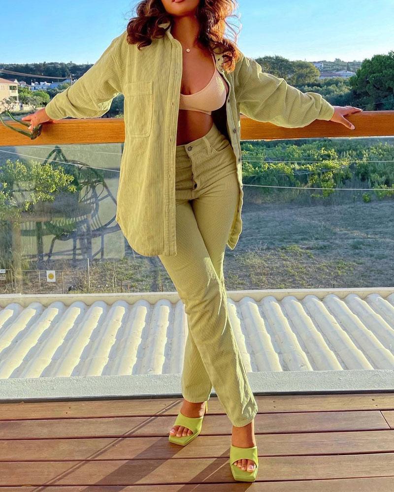 

Long Sleeve Button Down Corduroy Shacket & Pants Set, Green