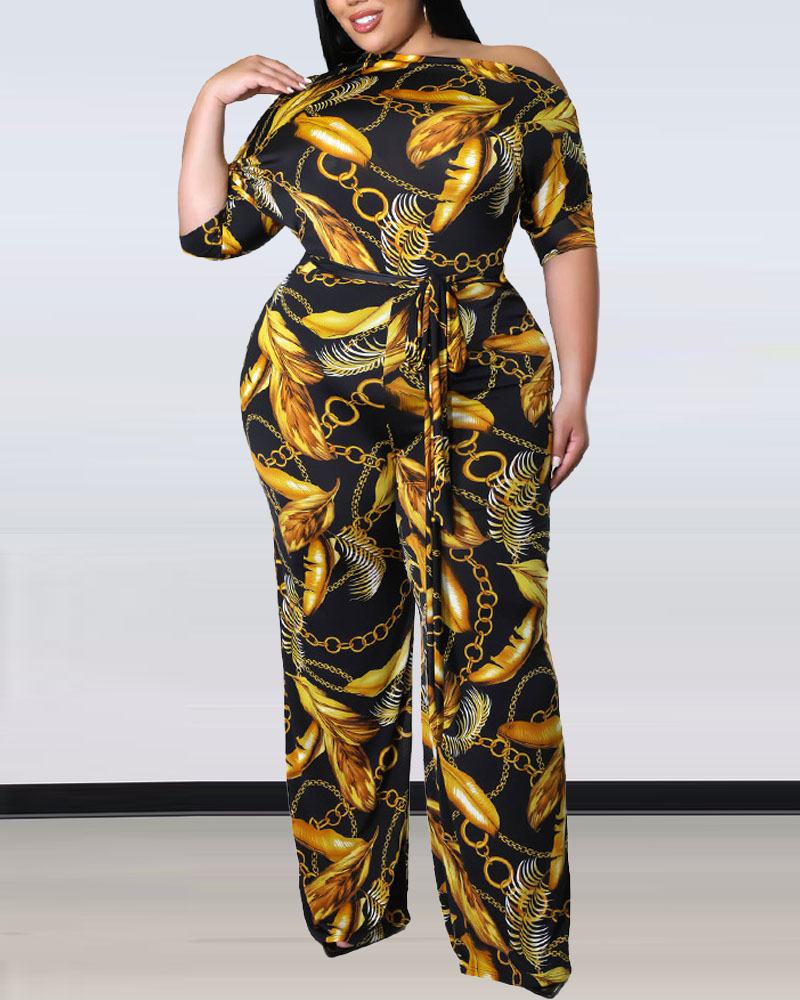 

Plus Size Chain Leaf Print Belted Jumpsuit, Black