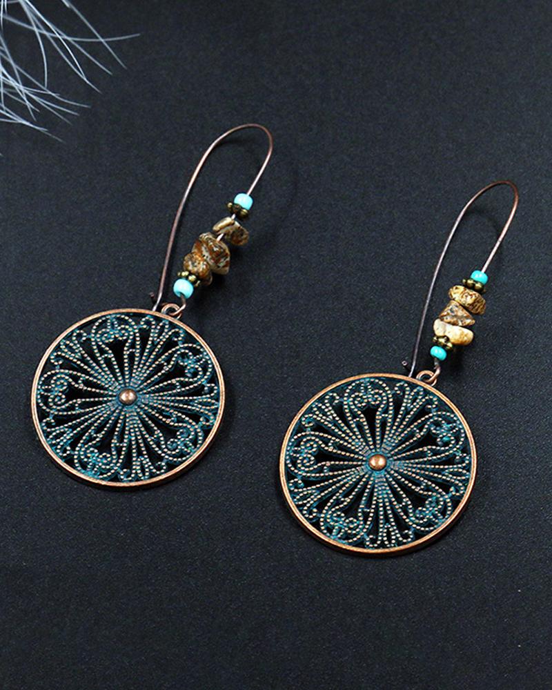 

1Pair Floral Pattern Vintage Round Shaped Drop Earrings, Blue