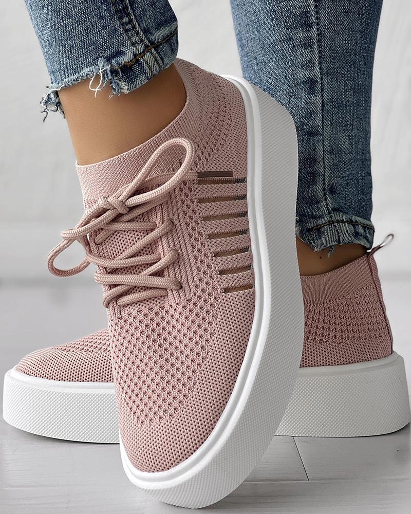 

Breathable Lace-up Platform Casual Sneakers, Pink
