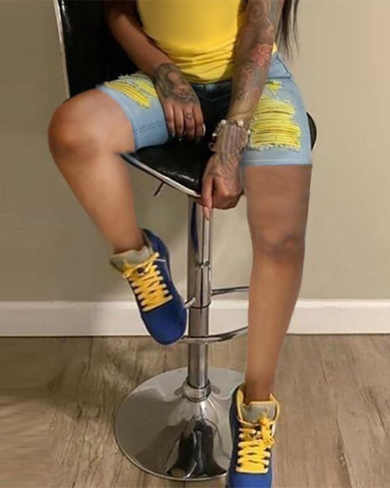 

Distressed Cutout Colorblock Casual Denim Shorts, Yellow