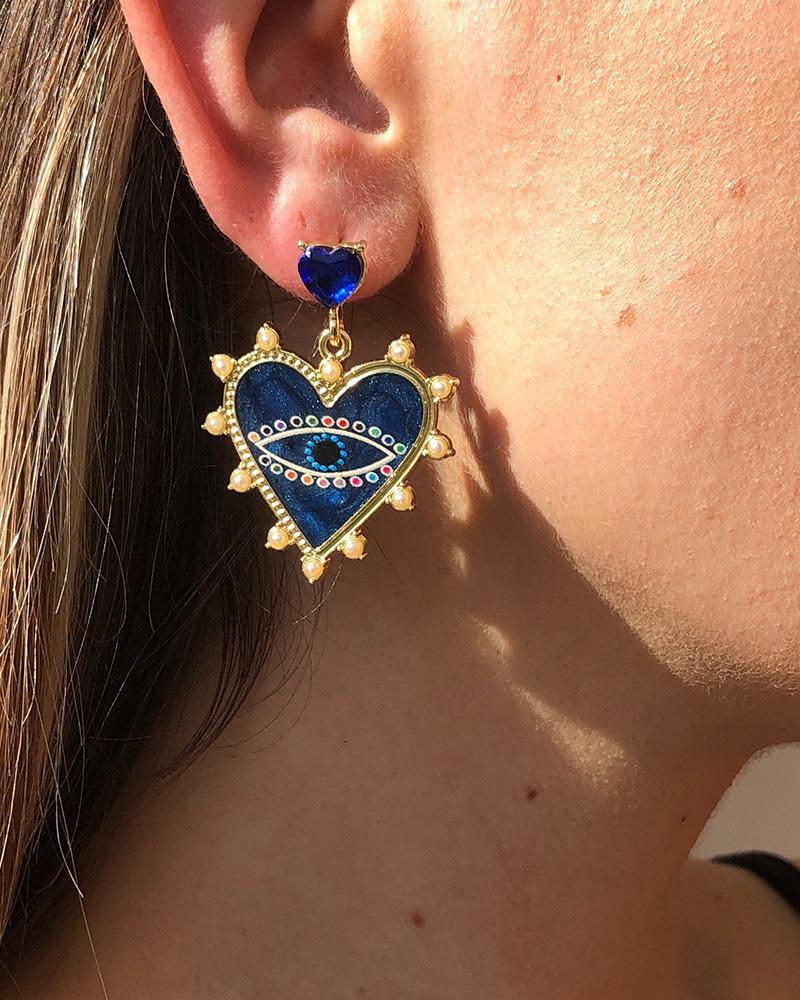 

1Pair Devil Eye Heart Shaped Rhinestone Drop Earrings, Blue