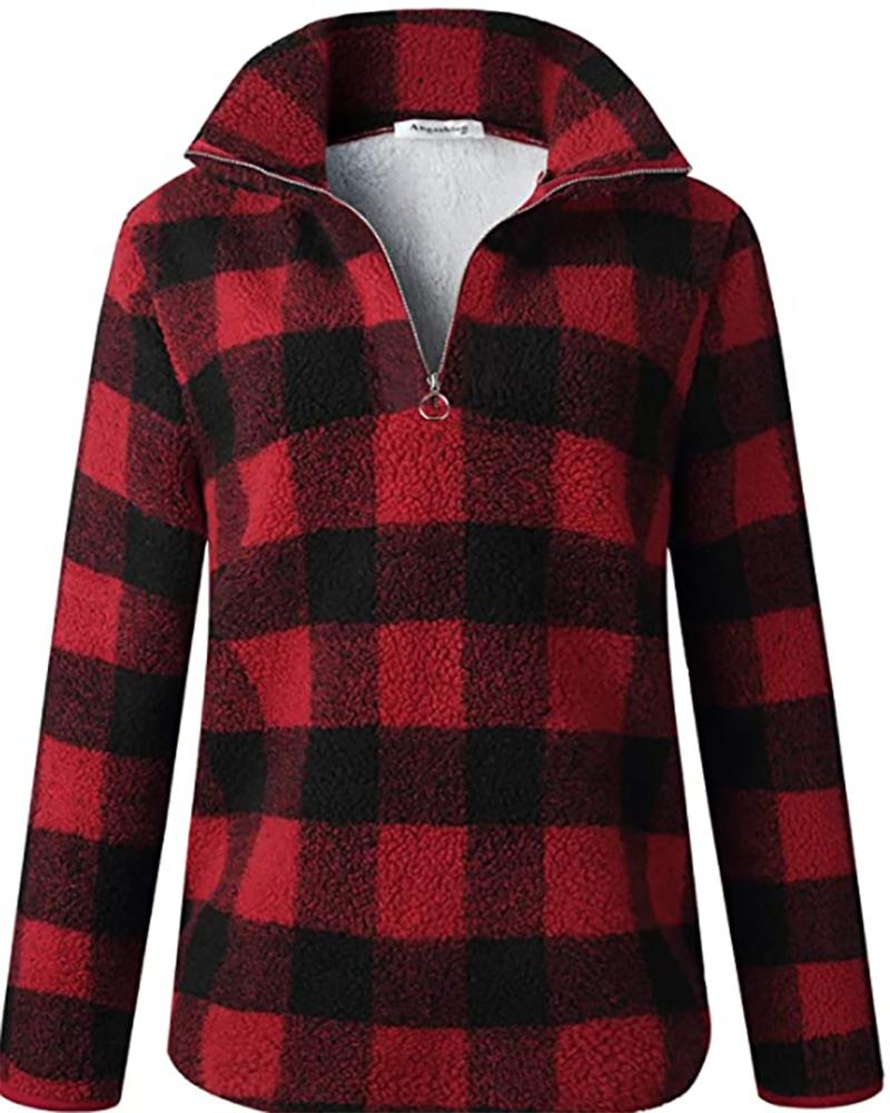 

Plaid Print Half Placket Zip Front Sweatshirt, Red