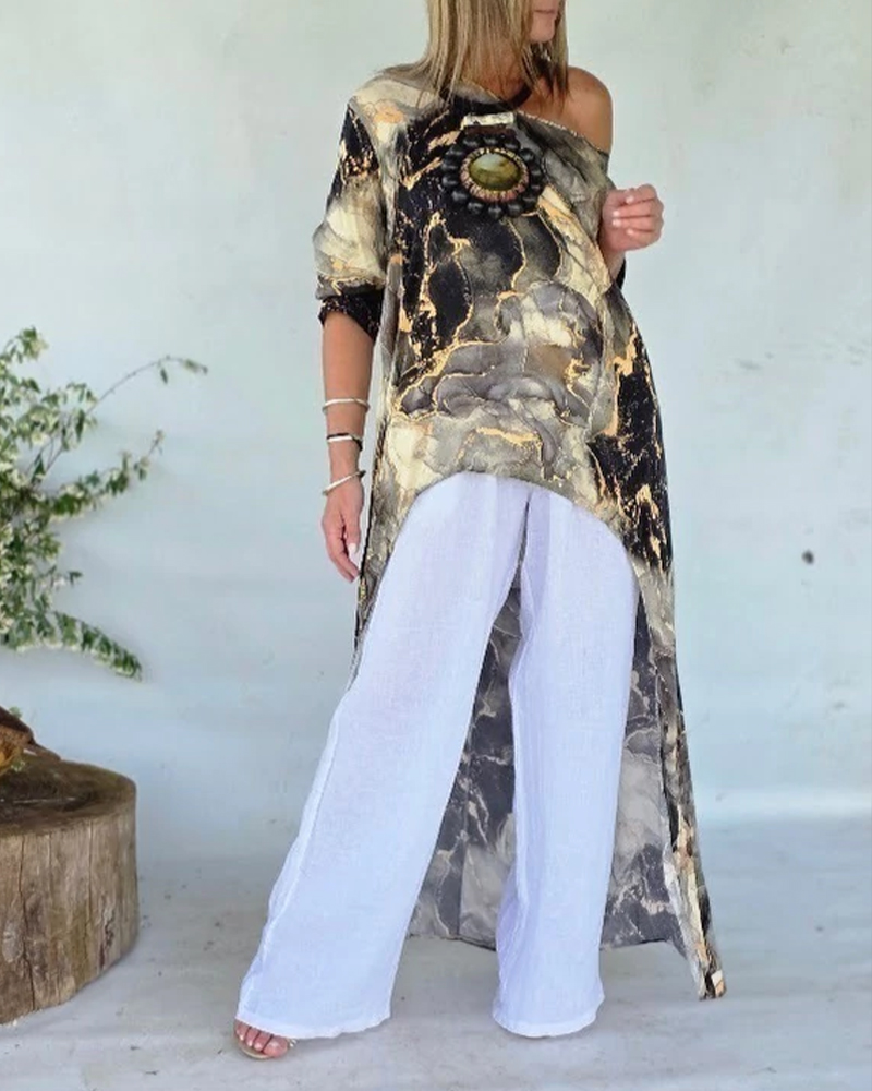 

Blouse à imprimé marbre, manches trois-quarts, épaules dénudées, ourlet asymétrique, coupe longue et ample., Black