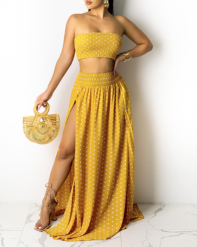 

Polka Dot Print Bandeau Crop Top & Slit Maxi Skirt Sets, Yellow