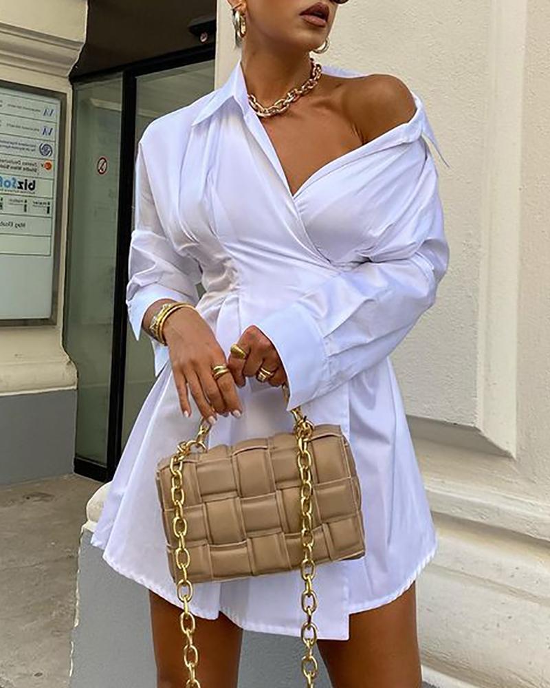

Long Sleeve Ruched Casual Shirt Dress, White