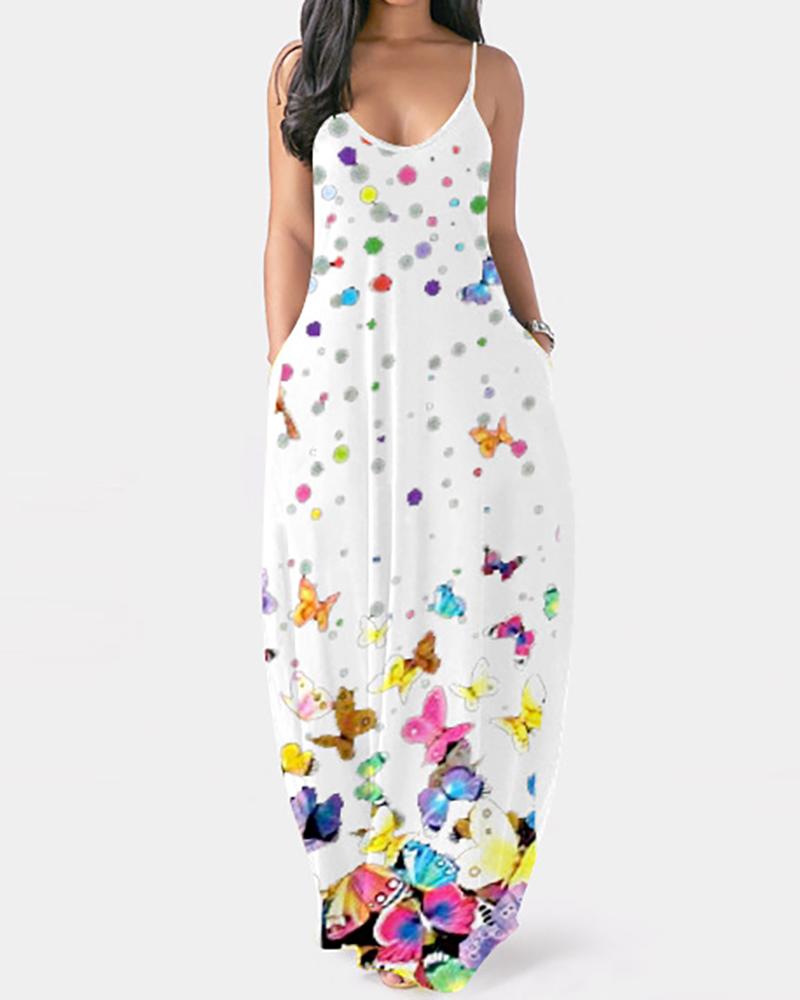 

Butterfly Print Colorblock Pocket Design Maxi Dress, White