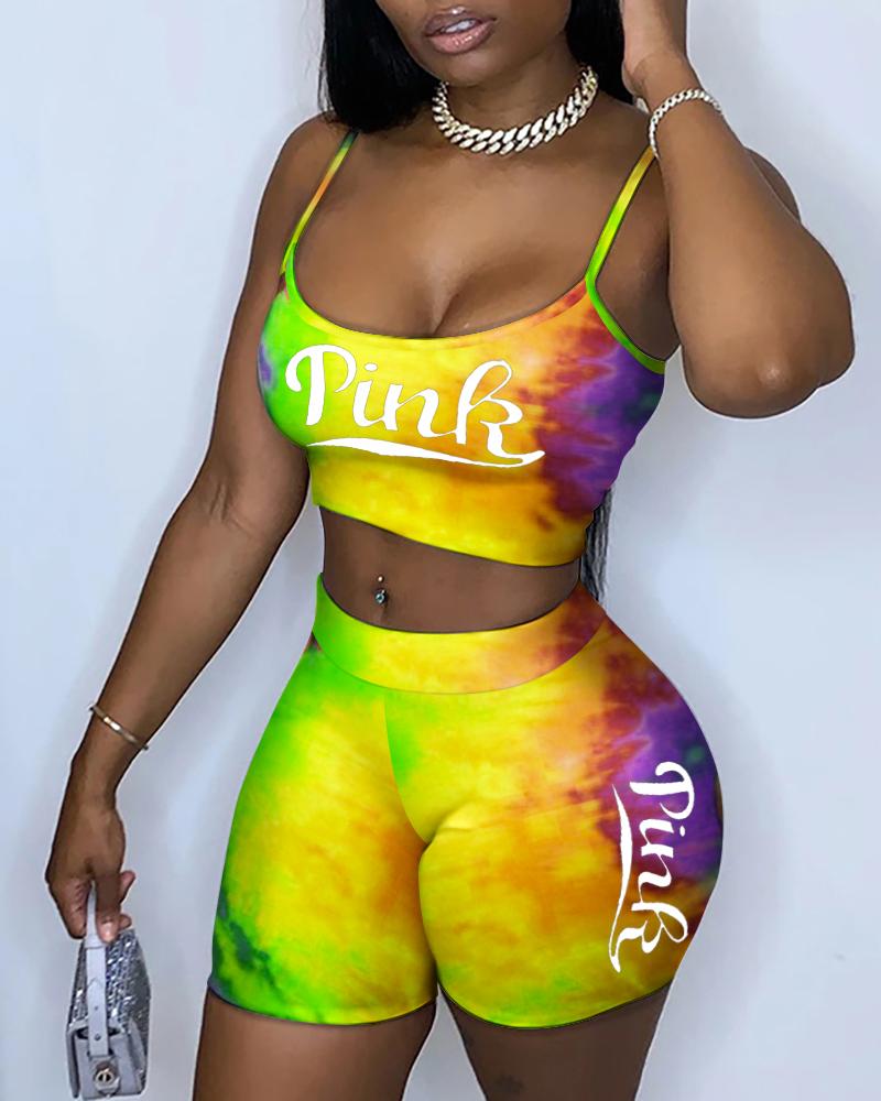 

Tie Dye Letter Print Crop Top & High Waisted Shorts Set, Yellow