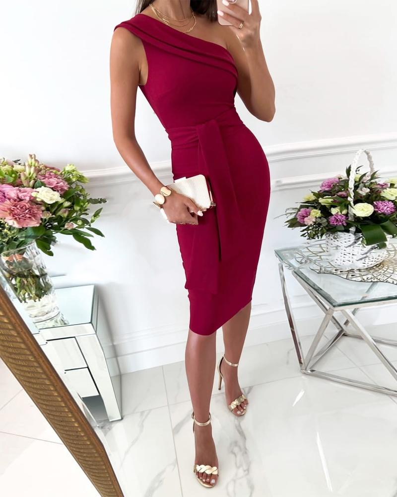 

One Shoulder Tied Detail Party Dress, Wine red