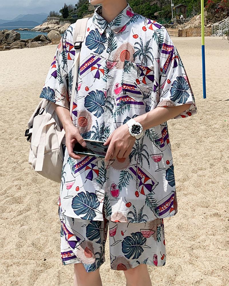 

Tropical Print Short Sleeve Shirt With Short Pants Suit Sets, Multicolor