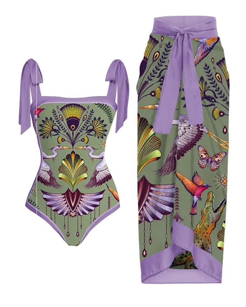 

Animal Print Tied Detail One Piece Swimsuit With Cover Up Skirt, Purple