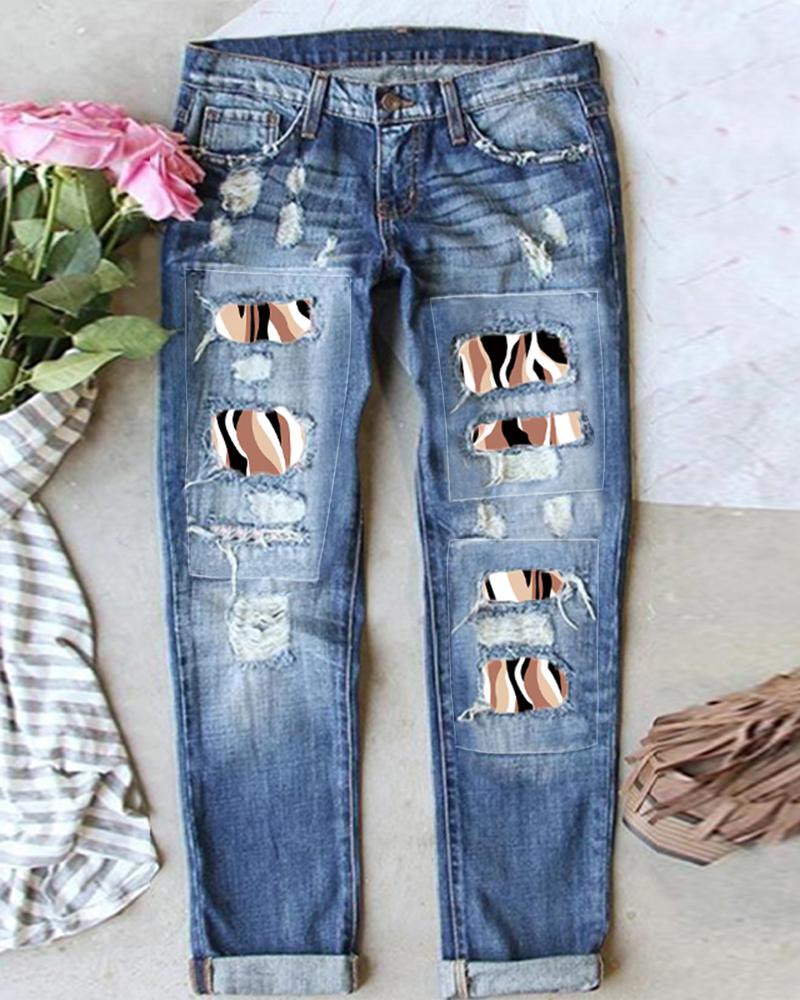 

Abstract Print Patchwork Ripped Jeans, Blue
