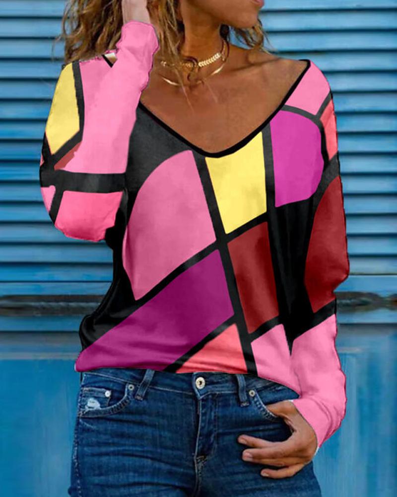 

Plus Size Geometric Print Long Sleeve V-Neck Top, Multicolor